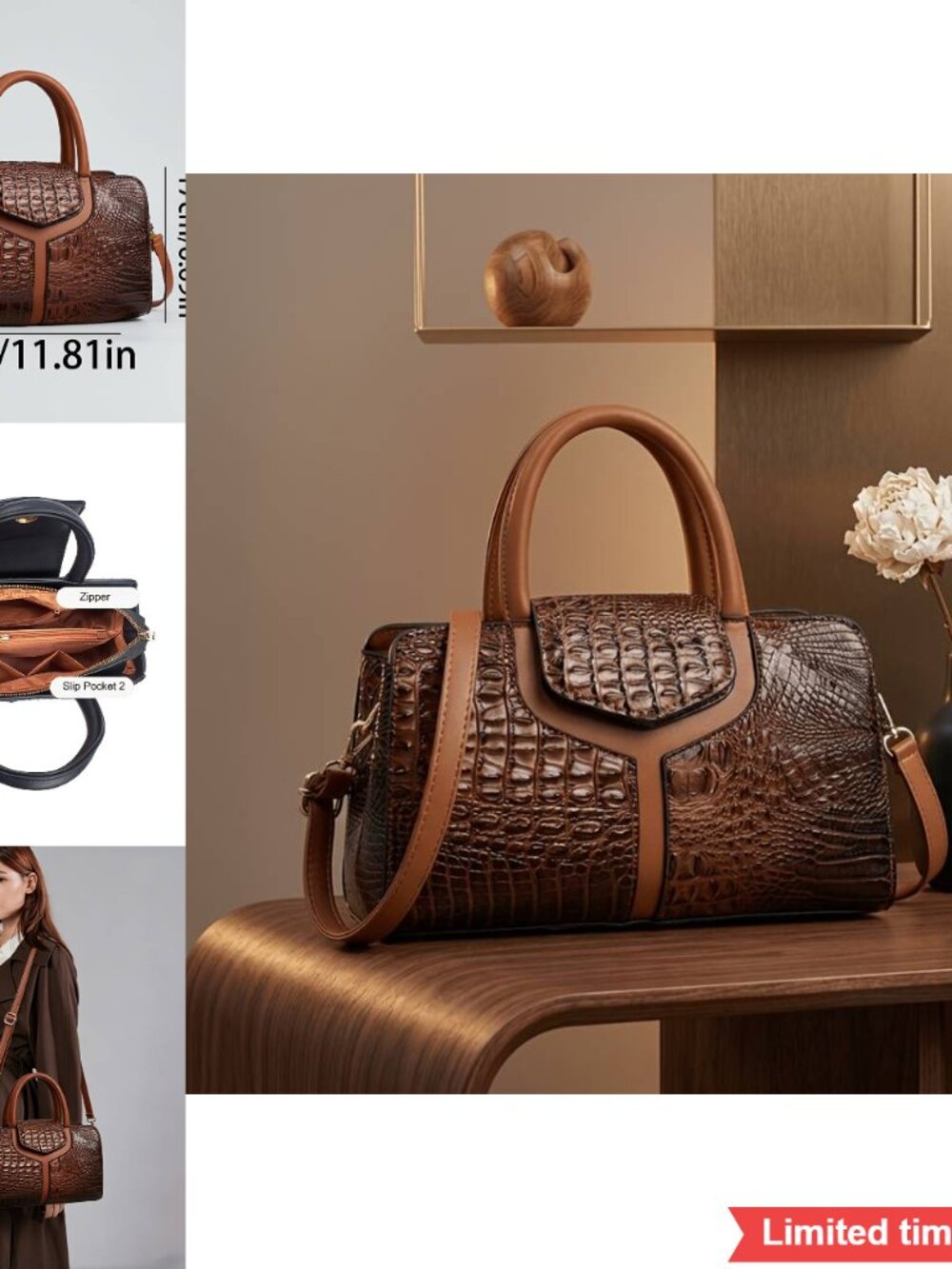 Crocodile Embossed Satchel Handbag Top Handle Tote with Shoulder Strap